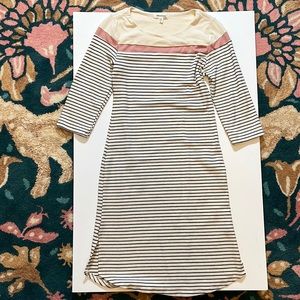Monteau long sleeve, mid calf length dress white with black stripes